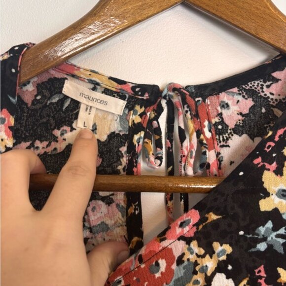 Maurices Black Pink Boho Floral Crinkle Gauze Ruffle Flutter Sleeve Shirt - Picture 4 of 6